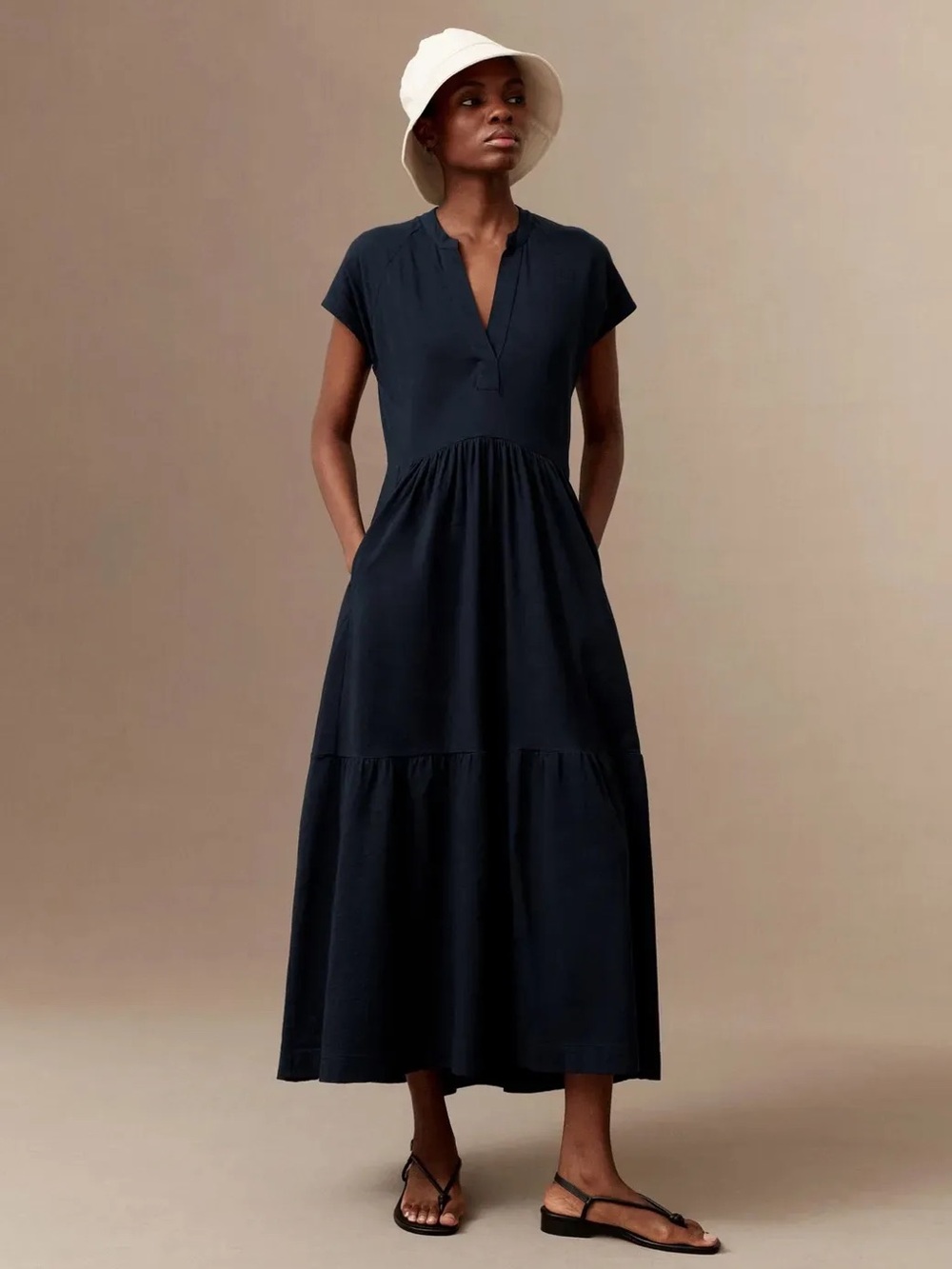 ME+EM Tiered Open Collar Navy Maxi Dress Minimalist Preppy Women’s 4